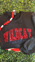 Custom teacher sweatshirt with sequin mascot appliqué embroidered on the front, handmade school spirit apparel
