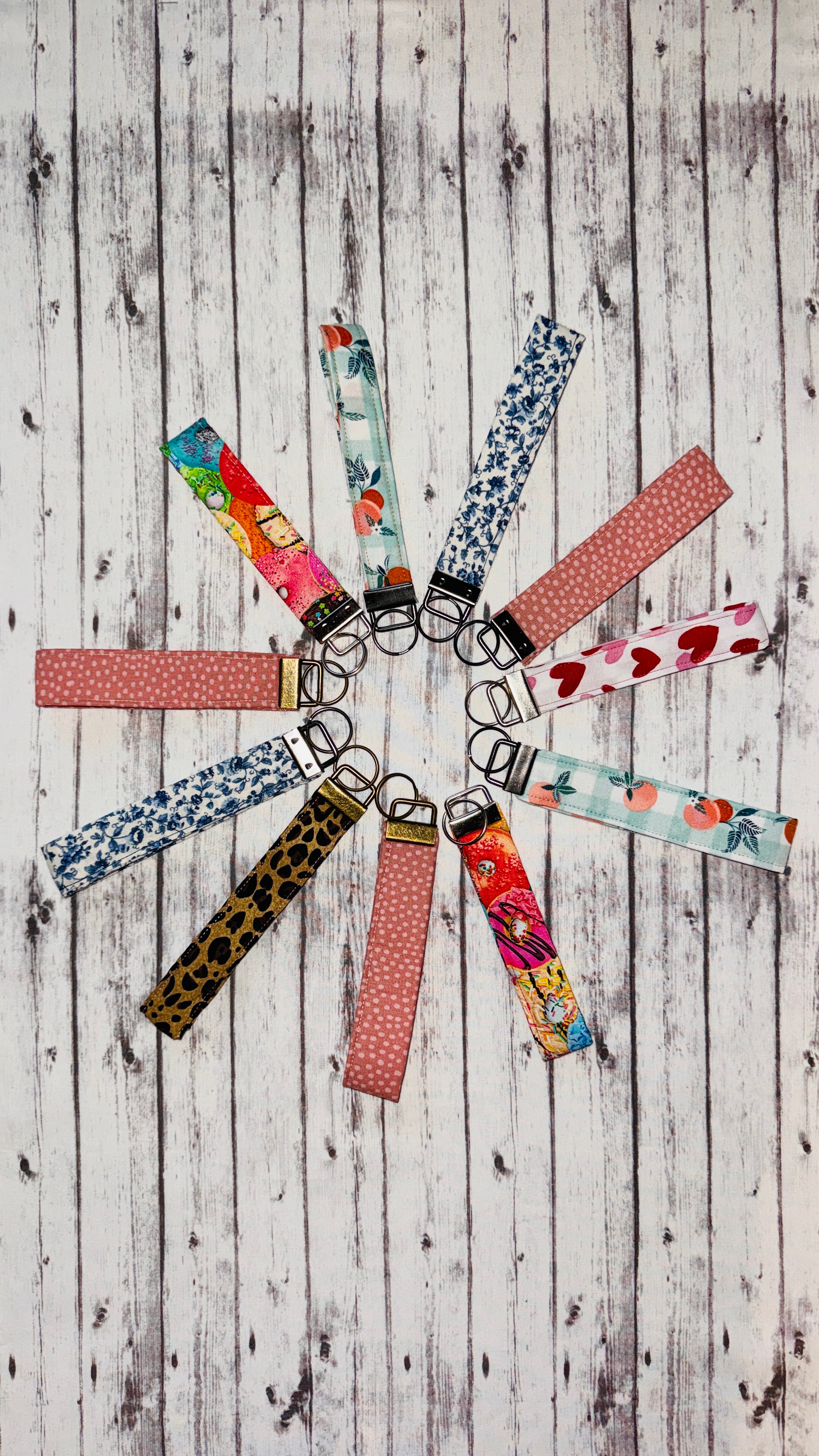 Handmade fabric keychain wristlet stitched by Grace